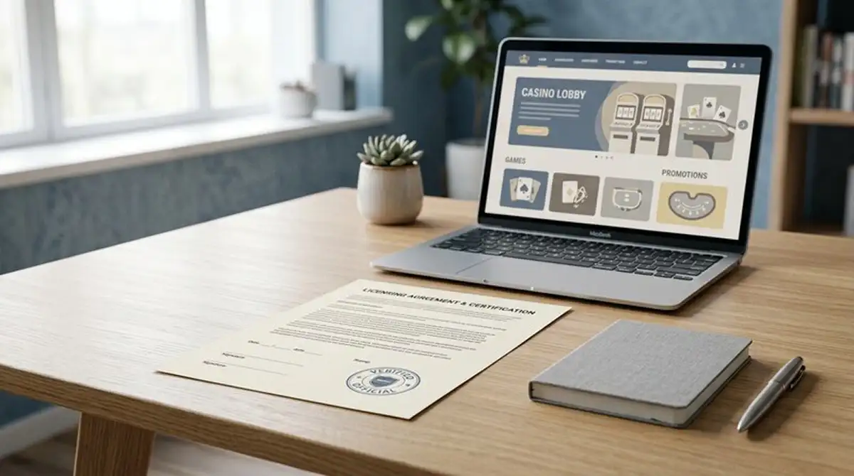 Casino uden ROFUS 2026 hero-illustration med licensdokument og laptop