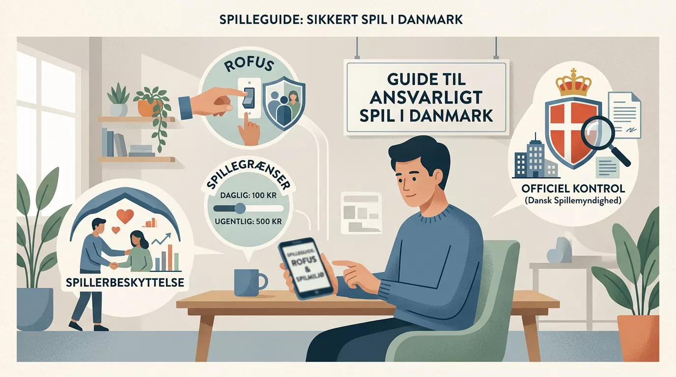 Rolig illustration af danske spillere, licensspørgsmål og ansvarlige kontrolpunkter omkring ROFUS